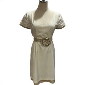 Valentino Cream-colored Short Sleeves Prominent Tan Bow Belt Sheath Dress Sz 6